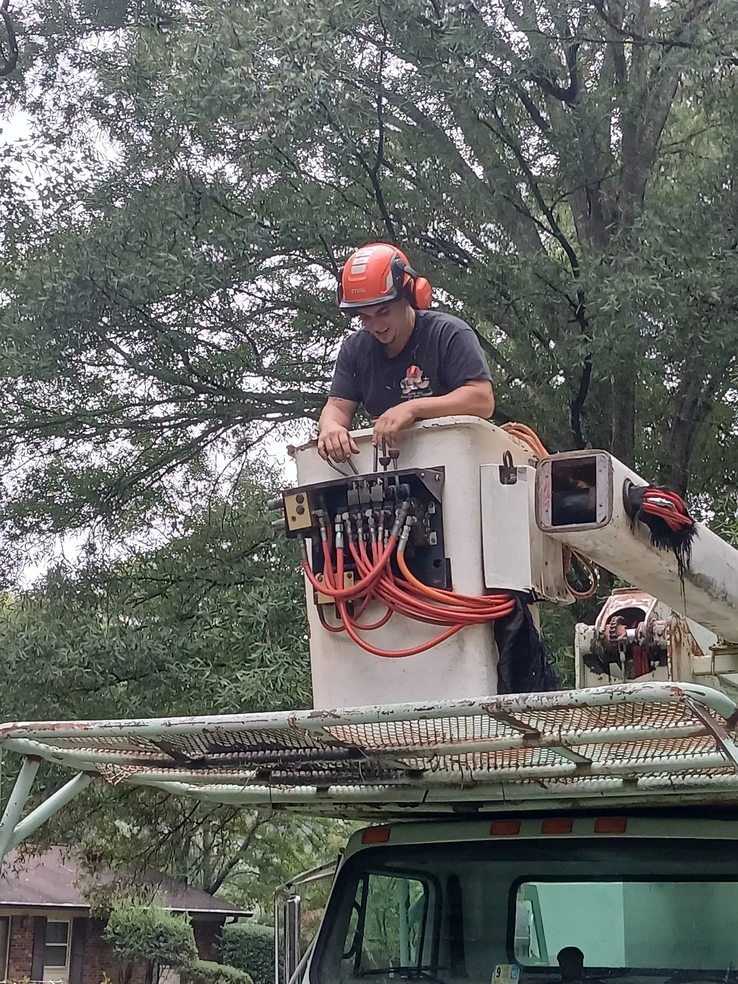 Arborist in helmet and hearing protection at the bucket truck control panel