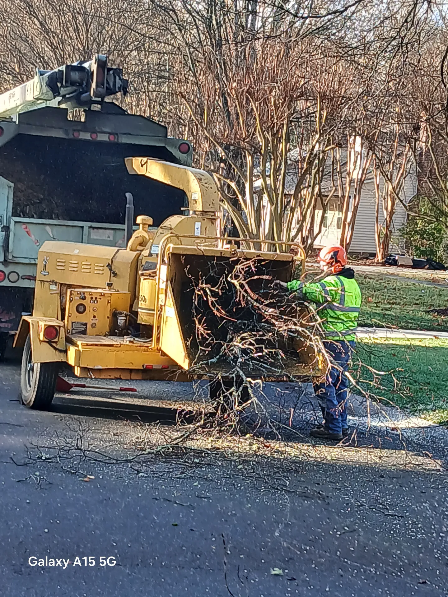 Crew member in hi-vis feeding brush into a Bandit-style chipper