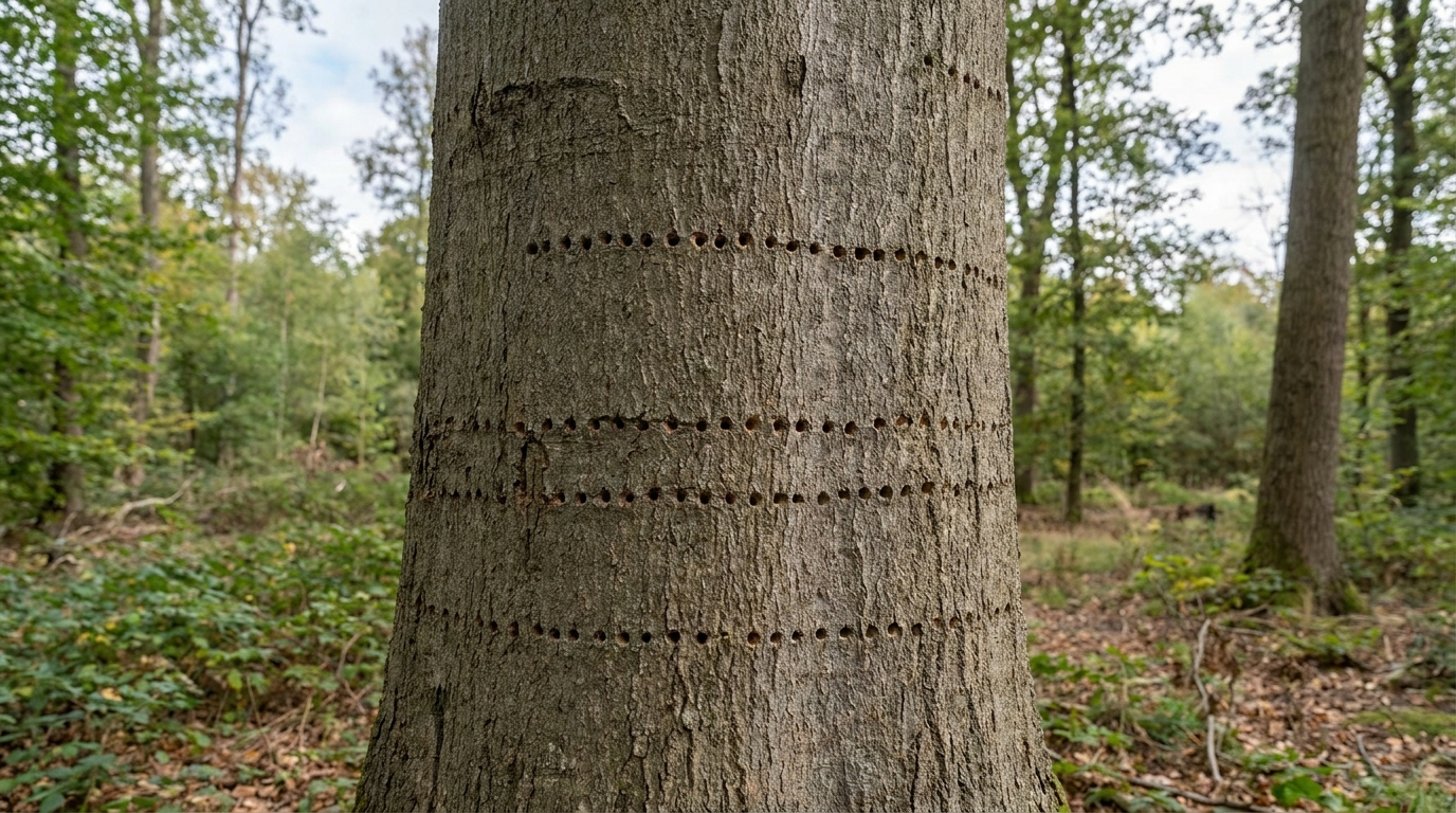 sapsucker holes on a tree trunk, not bark beetles